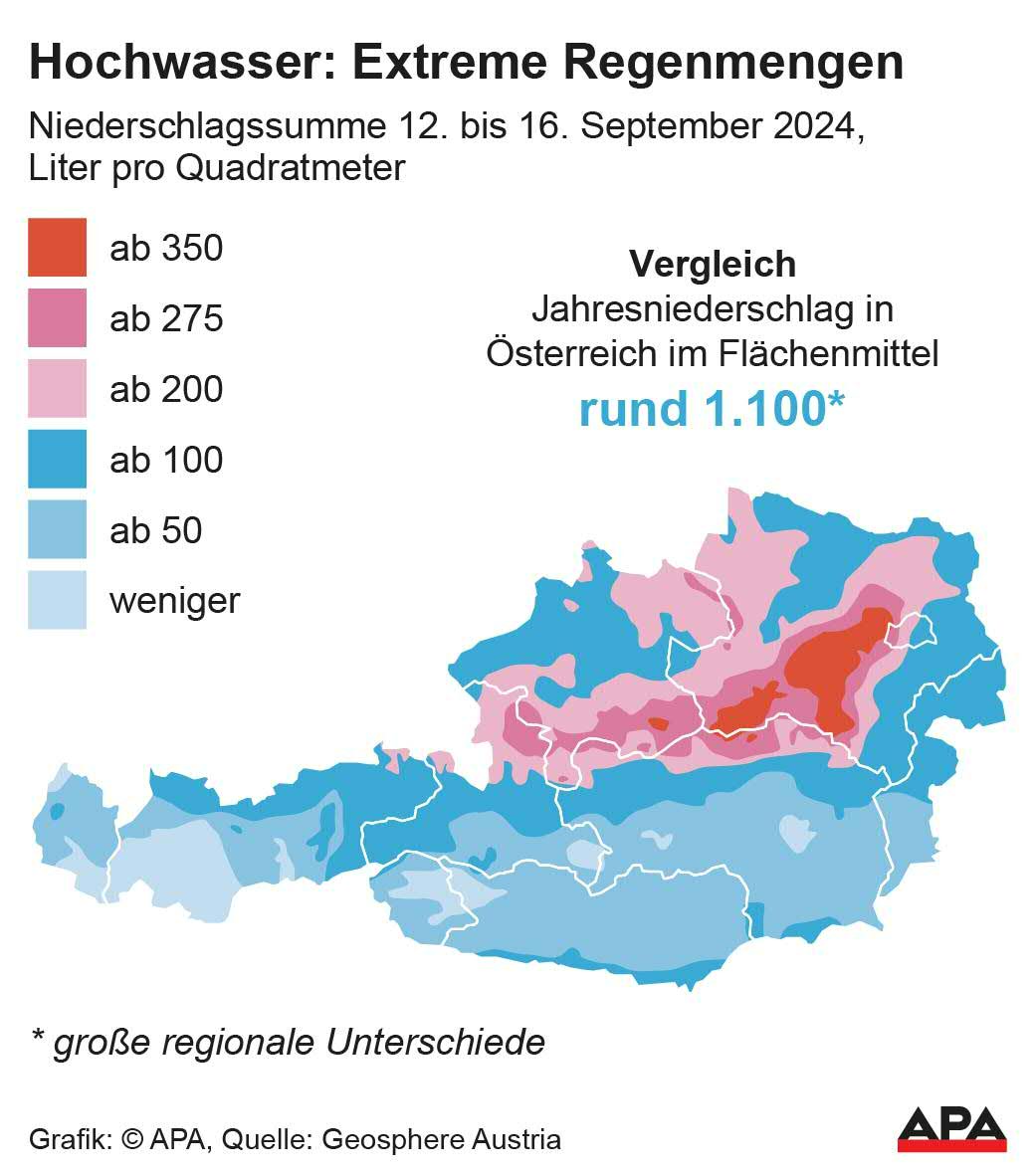 Summe 12. bis 16. September, Karte, Quelle: Geopshere Austria; Die Auslieferung der APA-Grafiken als Embed-Code ist ausschlie§lich Kunden mit einer gltigen Vereinbarung fr Grafik-Pauschalierung vorbehalten. Dabei inkludiert sind automatisierte Schrift- und Farbanpassungen an die jeweilige CI. Fr weitere Informationen wenden Sie sich bitte an unser Grafik-Team unter grafik@apa.at. GRAFIK 1300-24, 88 x 100 mm