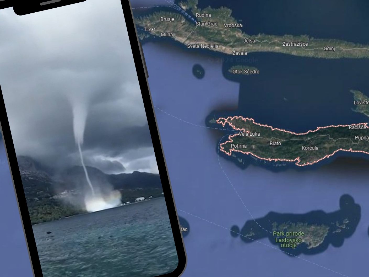 Die Wasserhose bildete sich vor der kroatischen Insel Korčula.