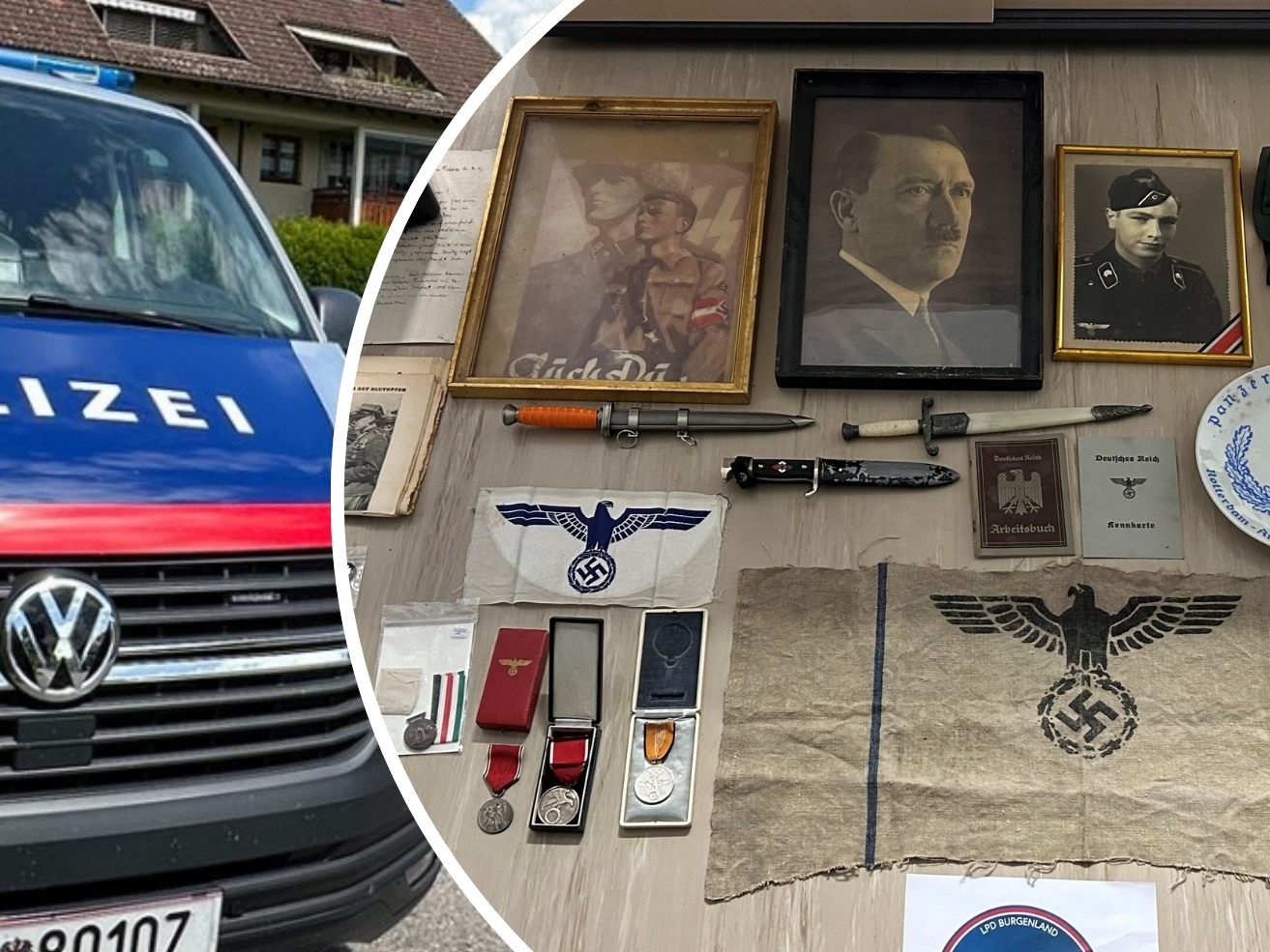 Das Innenministerium stellte NS-Devotionalien sicher - Darüber, wo genau der Fund im Bild rechts gemacht wurde, gibt es keine Infos. (Symbolbild von Polizeiauto) Das Innenministerium stellte NS-Devotionalien sicher - Darüber, wo genau der Fund im Bild rechts gemacht wurde, gibt es keine Infos. (Symbolbild von Polizeiauto)
