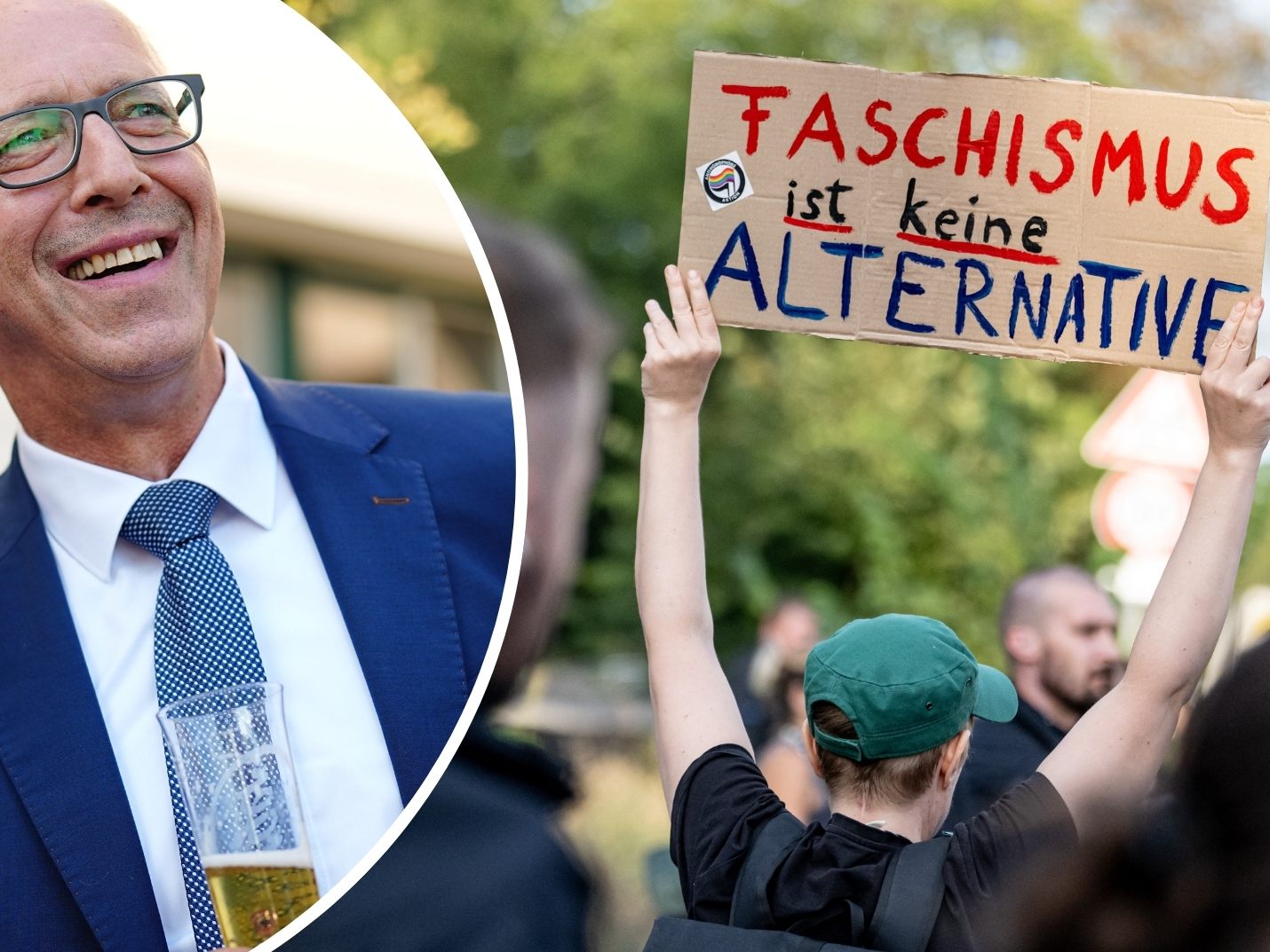 Nach der Wahl in Sachsen wurde gegen die AfD demonstriert (r.), während der Vorsitzende der AfD in Sachsen und Spitzenkandidat Jörg Urban (l.) feierte.