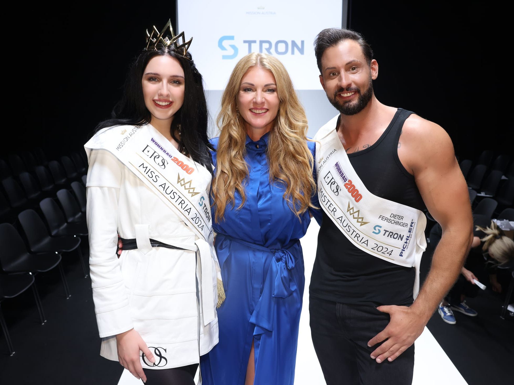 Miss Austria 2024 Lucia Sisic und Mister Austria 2024 Christopher Dengg mit Kerstin Rigger.