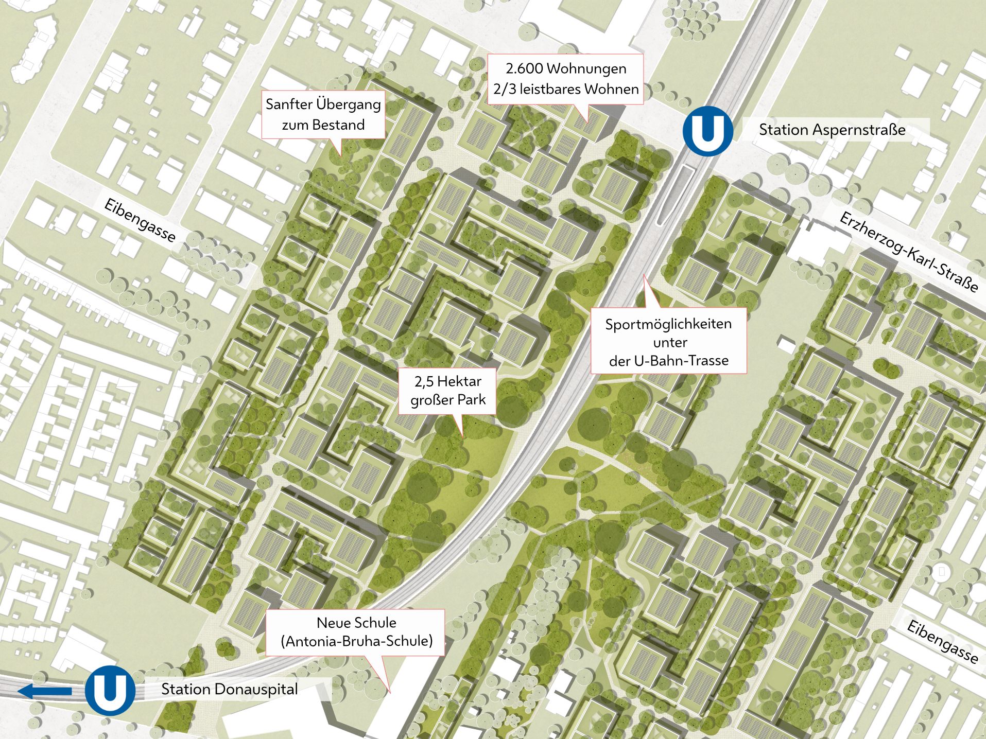 In der Mitte des Stadtteils soll ein 2,5 Hektar großer Park entstehen. In der Mitte des Stadtteils soll ein 2,5 Hektar großer Park entstehen.