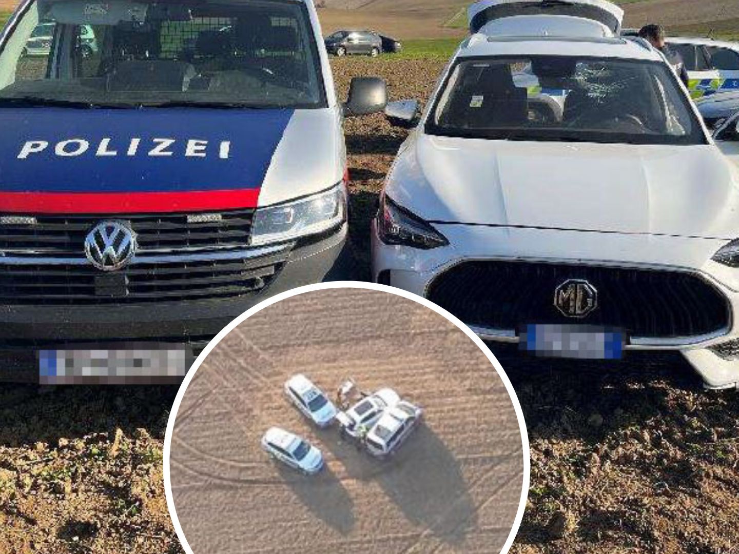 Das Schlepperfahrzeug konnte auf einem Feld gestoppt werden. Das Schlepperfahrzeug konnte auf einem Feld gestoppt werden.