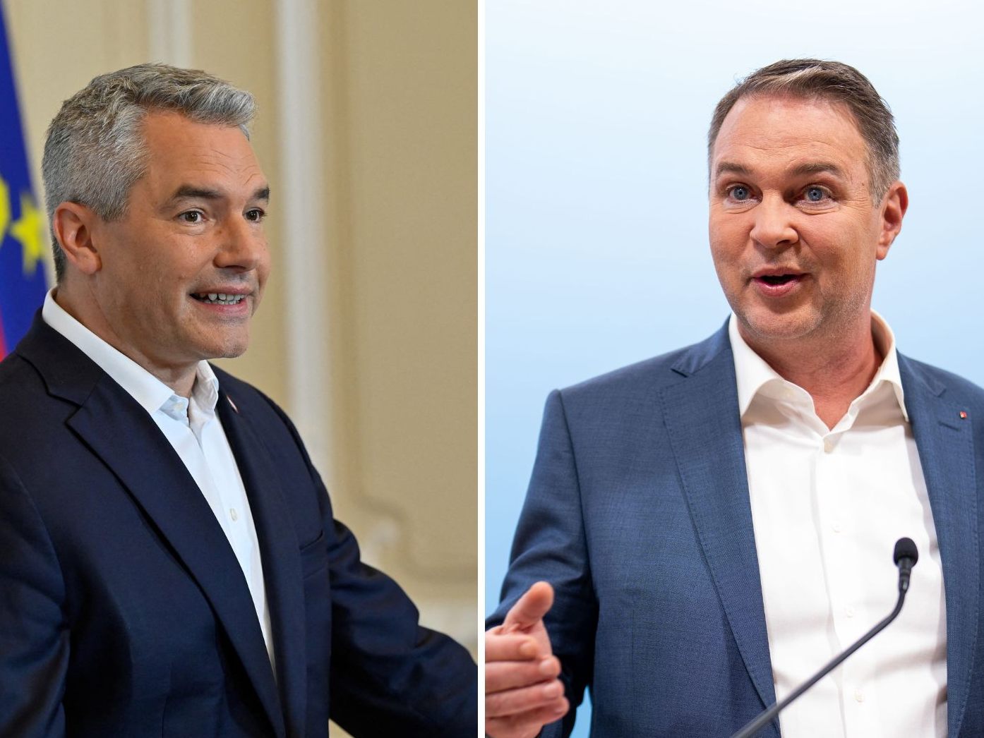 Nehammer und Babler mit ersten Statements zu den Sondierungsgesprächen. Nehammer und Babler mit ersten Statements zu den Sondierungsgesprächen.