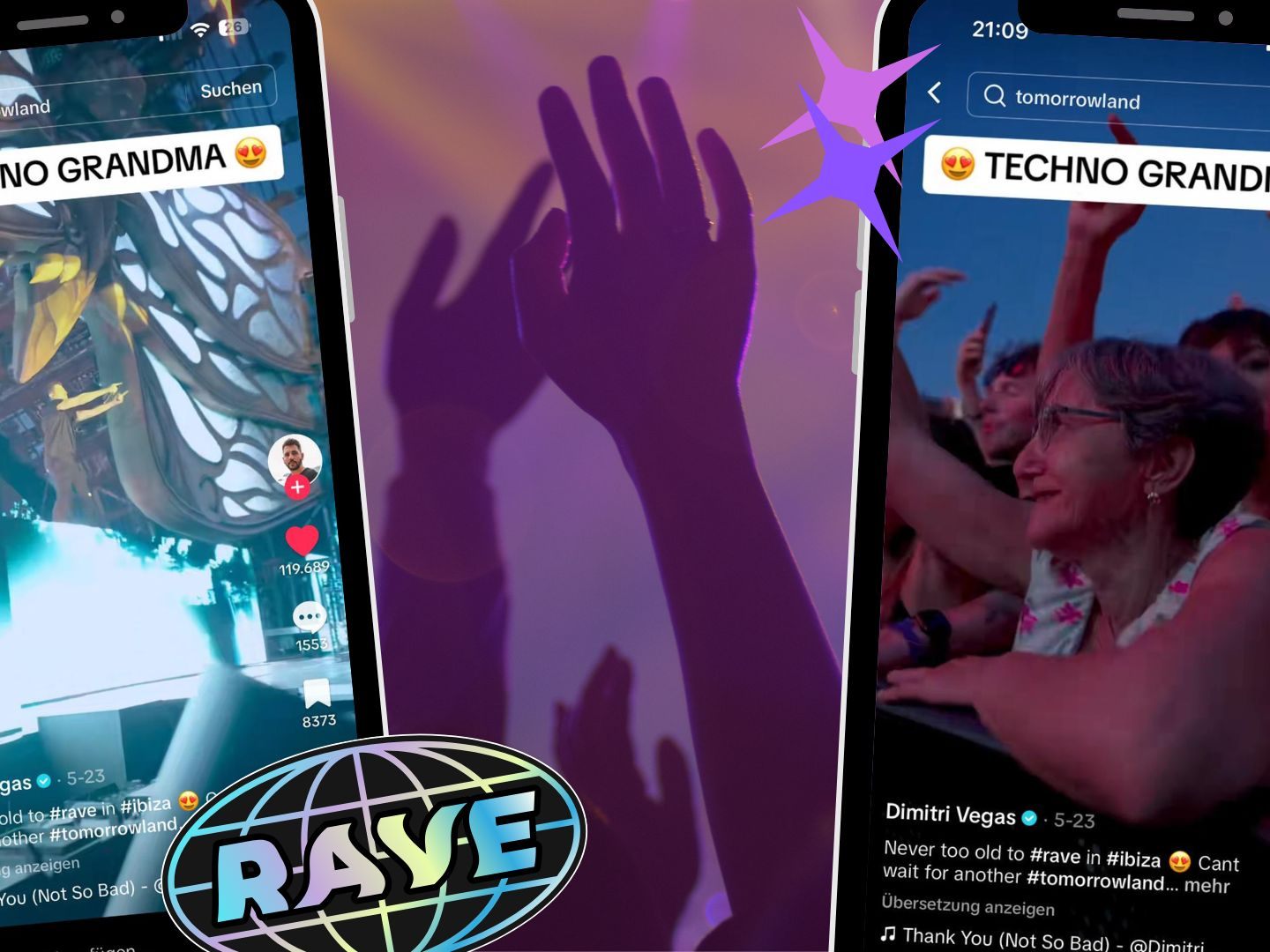 „Techno Grandma“ auf dem Rave am tanzen.