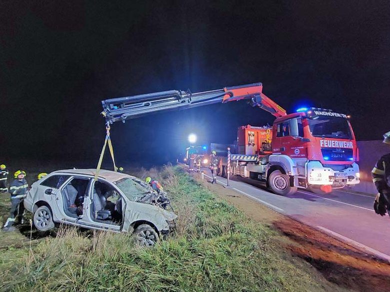 Der Wagen wurde stark beschädigt und kam seitlich auf der Fahrerseite in einer Wiese zum Stillstand.