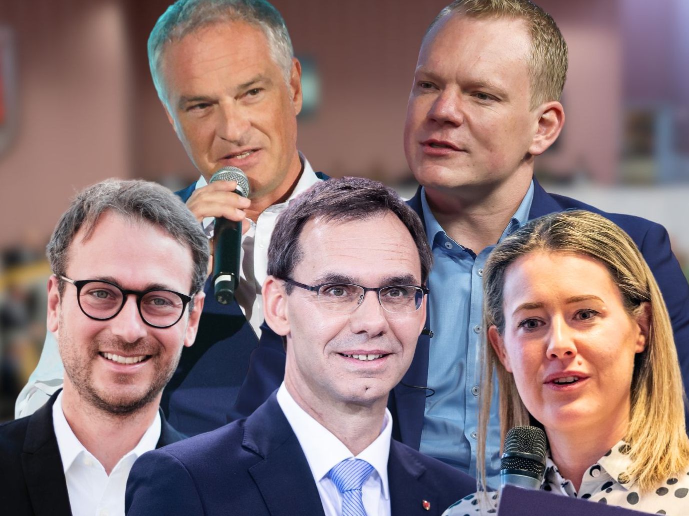Daniel Zadra (Grüne), Mario Leiter (SPÖ), LH Markus Wallner (ÖVP), Christof Bitschi (FPÖ) und Claudia Gamon (NEOS).