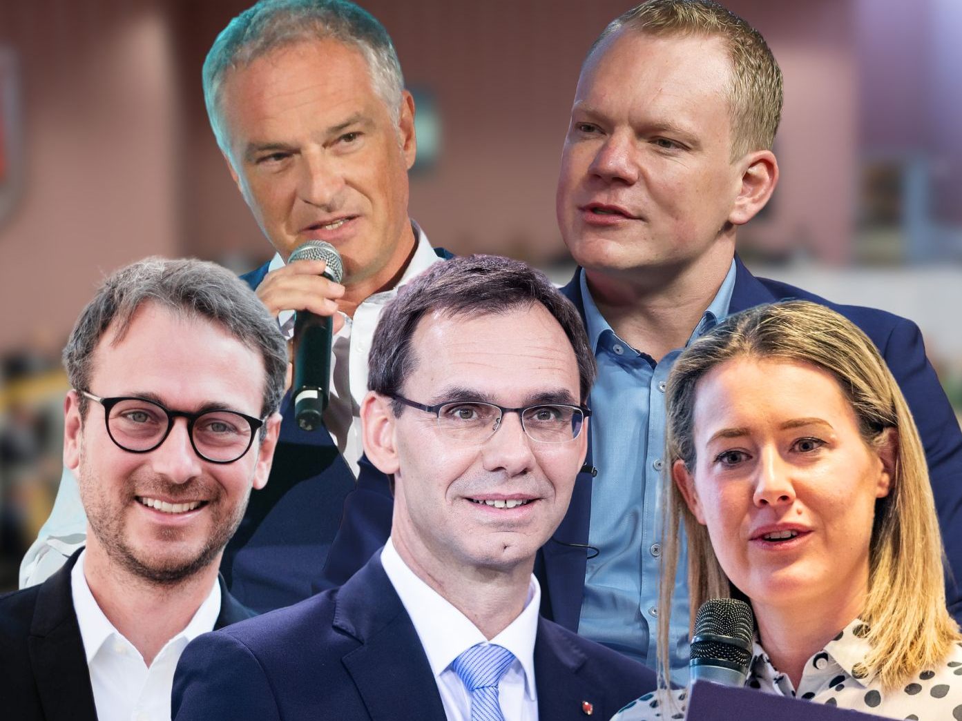 Daniel Zadra (Grüne), Mario Leiter (SPÖ), LH Markus Wallner (ÖVP), Christof Bitschi (FPÖ) und Claudia Gamon (NEOS).