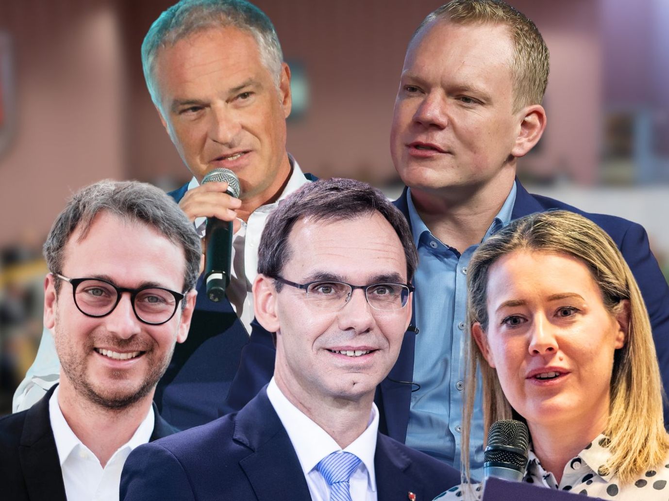 Daniel Zadra (Grüne), Mario Leiter (SPÖ), LH Markus Wallner (ÖVP), Christof Bitschi (FPÖ) und Claudia Gamon (NEOS).