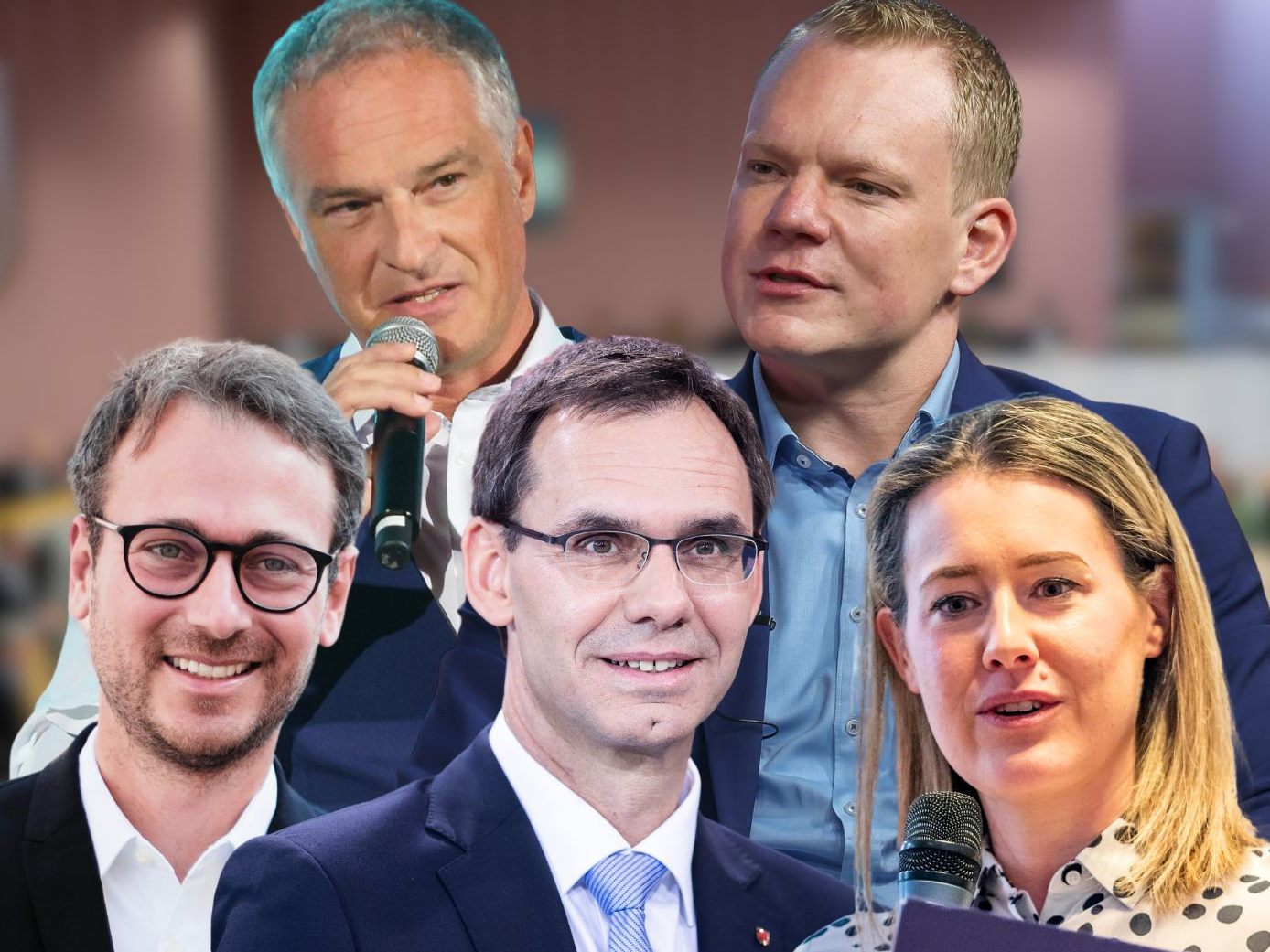 Daniel Zadra (Grüne), Mario Leiter (SPÖ), LH Markus Wallner (ÖVP), Christof Bitschi (FPÖ) und Claudia Gamon (NEOS).