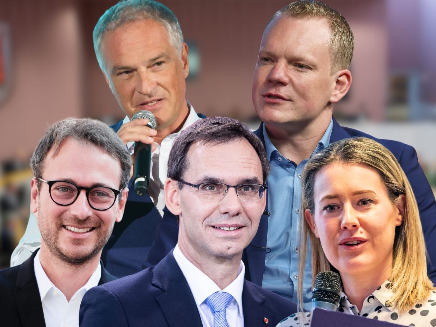 Daniel Zadra (Grüne), Mario Leiter (SPÖ), LH Markus Wallner (ÖVP), Christof Bitschi (FPÖ) und Claudia Gamon (NEOS).