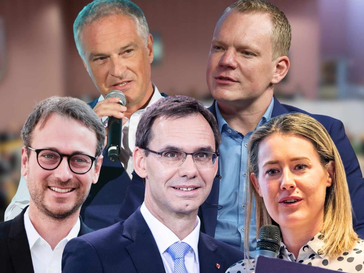 Daniel Zadra (Grüne), Mario Leiter (SPÖ), LH Markus Wallner (ÖVP), Christof Bitschi (FPÖ) und Claudia Gamon (NEOS).