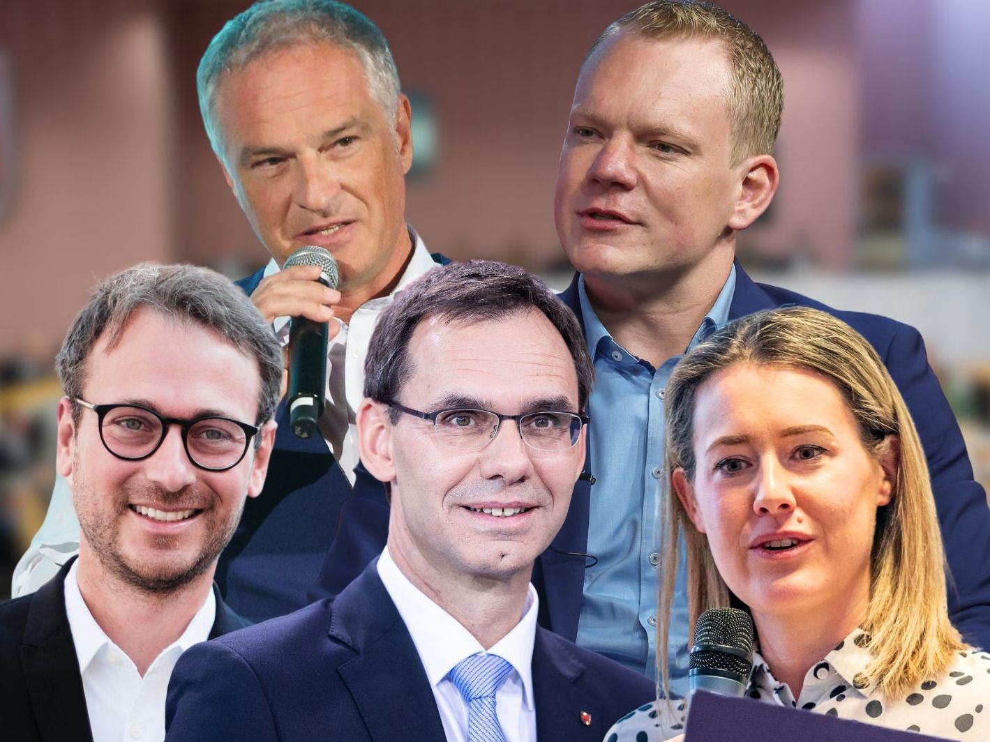 Daniel Zadra (Grüne), Mario Leiter (SPÖ), LH Markus Wallner (ÖVP), Christof Bitschi (FPÖ) und CLaudia Gamon (NEOS).
