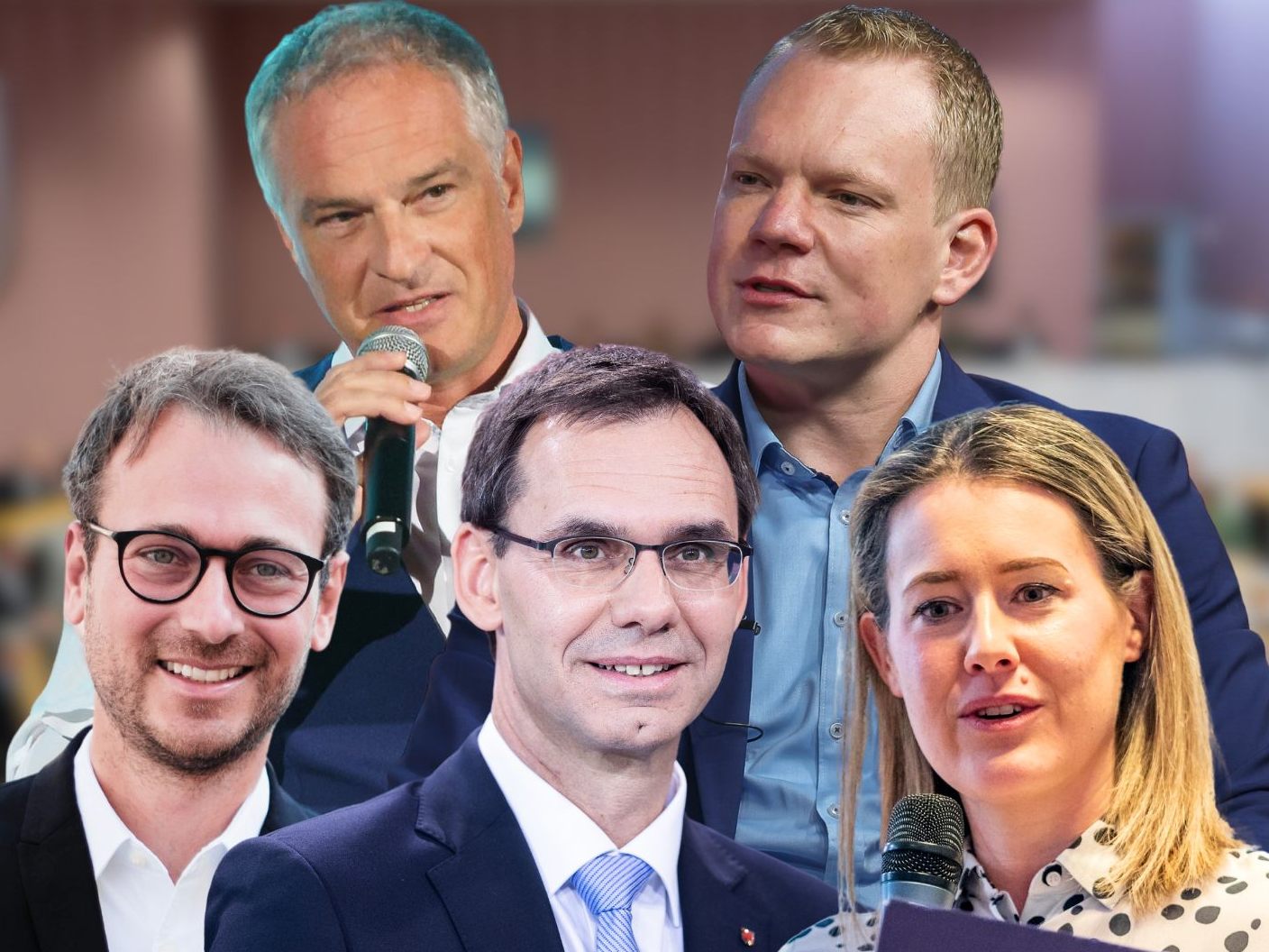 Daniel Zadra (Grüne), Mario Leiter (SPÖ), LH Markus Wallner (ÖVP), Christof Bitschi (FPÖ) und Claudia Gamon (NEOS).