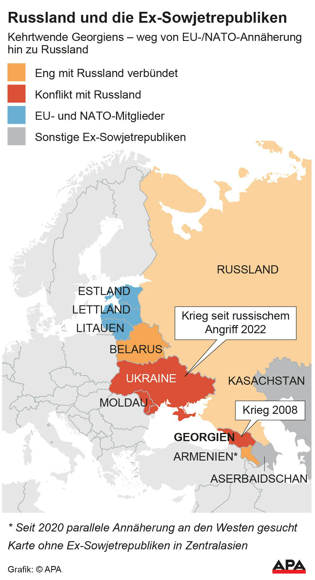 Karte, Status der Beziehungen zu Russland; Die Auslieferung der APA-Grafiken als Embed-Code ist ausschlie§lich Kunden mit einer gltigen Vereinbarung fr Grafik-Pauschalierung vorbehalten. Dabei inkludiert sind automatisierte Schrift- und Farbanpassungen an die jeweilige CI. Fr weitere Informationen wenden Sie sich bitte an unser Grafik-Team unter grafik@apa.at. GRAFIK 1640-24, 88 x 162 mm