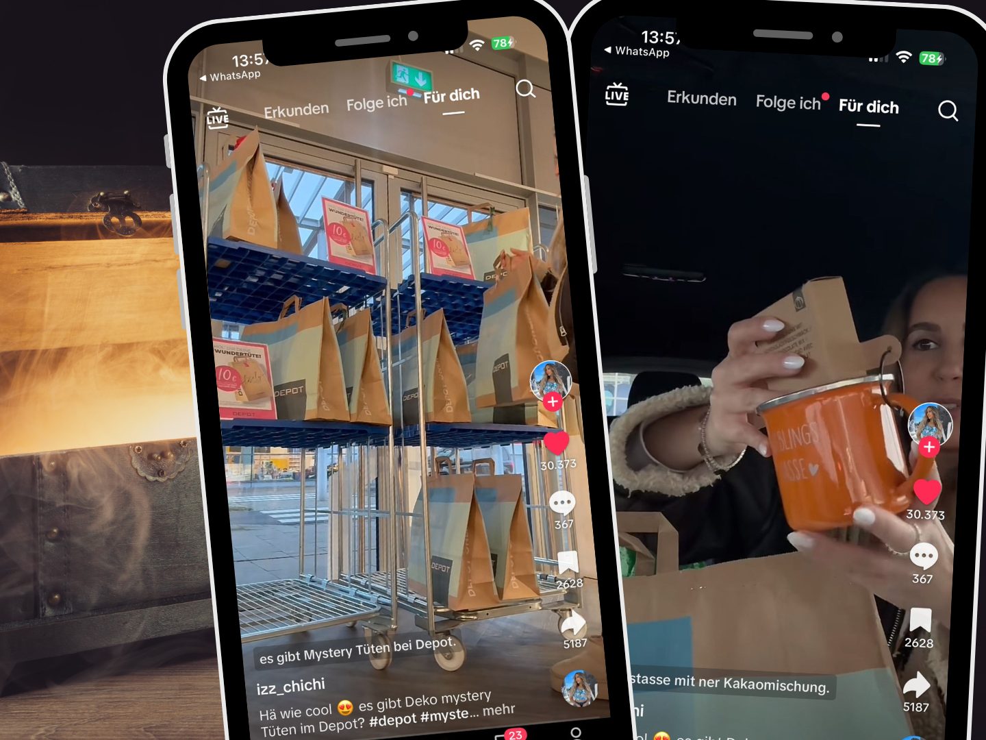 Ein TikTok-Video zeigt, wie eine Nutzerin eine Mystery Box von Depot für 10 EURO auspackt, die Dekorationsartikel im Wert von mindestens 50 EURO enthält.