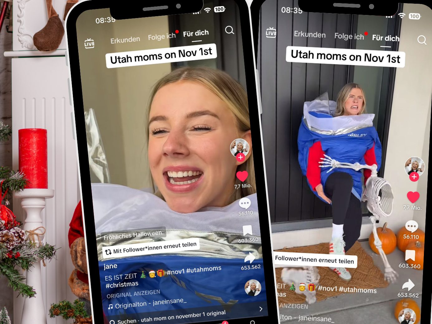 Ein TikTok zeigt, wie eine Mutter sofort nach Halloween auf volle Weihnachtsdeko umschaltet. Ein TikTok zeigt, wie eine Mutter sofort nach Halloween auf volle Weihnachtsdeko umschaltet.