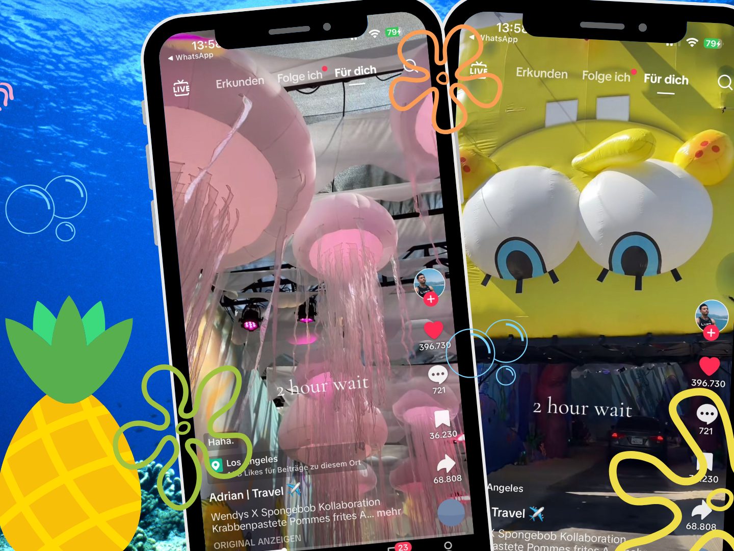 Ein TikTok-Video zeigt, wie Wendys 25 Jahre SpongeBob Schwammkopf mit einem Drive-In im SpongeBob-Design und speziellen „Krabby Patty Kollab“-Menü-Items feiert.