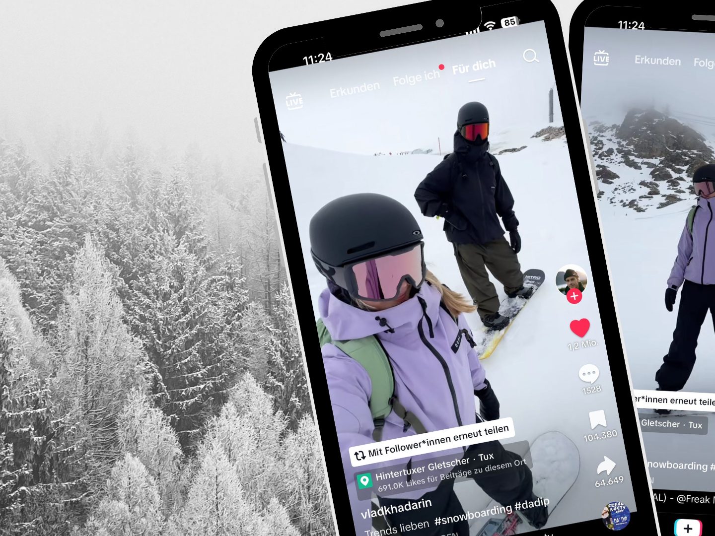 Ein TikTok-Video zeigt zwei Snowboarder, die während der Fahrt den viralen „Da Dip“-Tanztrend aufführen und dabei Tanz und Wintersport vereinen.