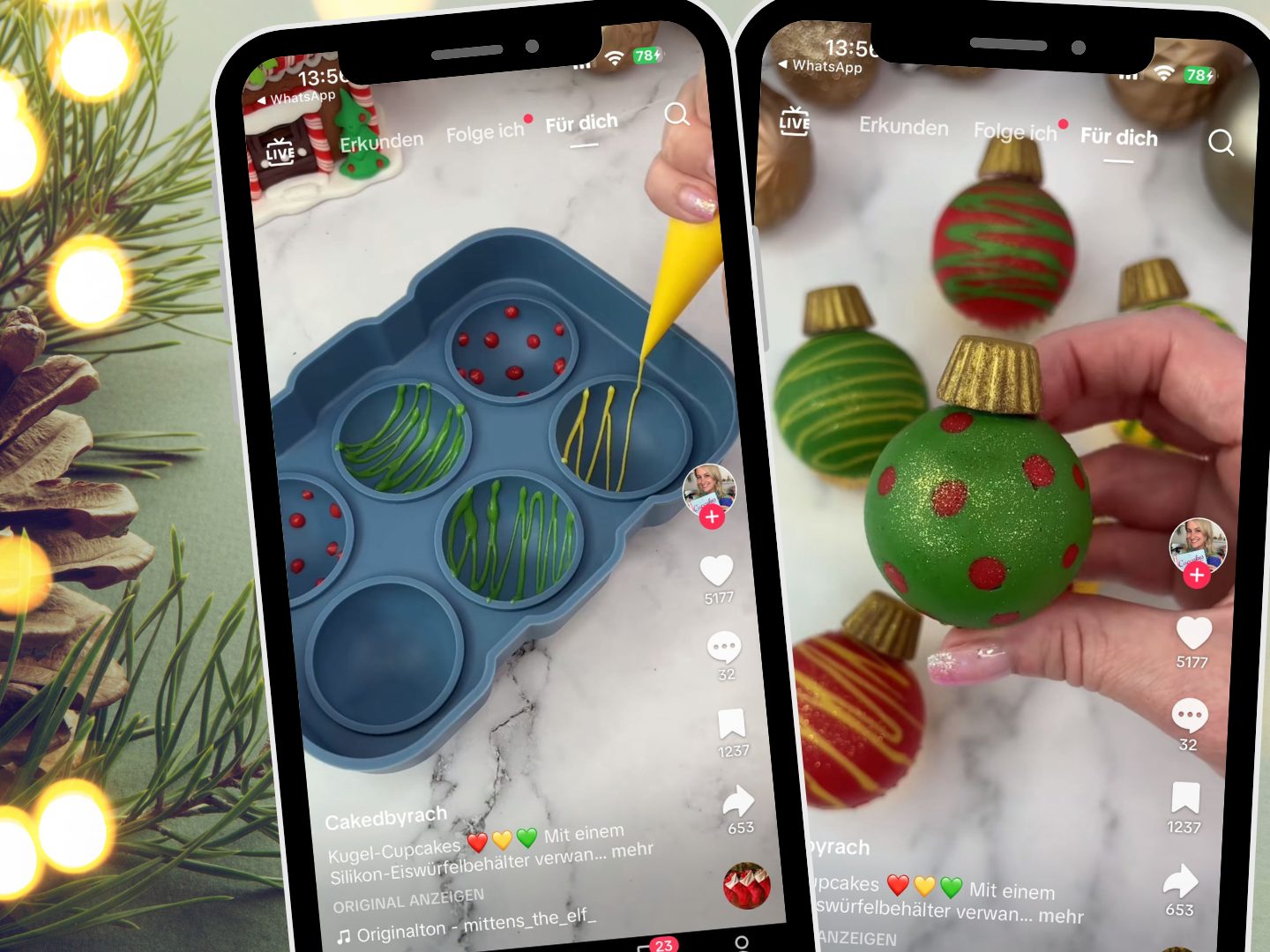Ein TikTok-Video zeigt, wie mithilfe einer Silikon-Eiskugelform runde Cupcakes gebacken und dekoriert werden, sodass sie wie Weihnachtskugeln aussehen.