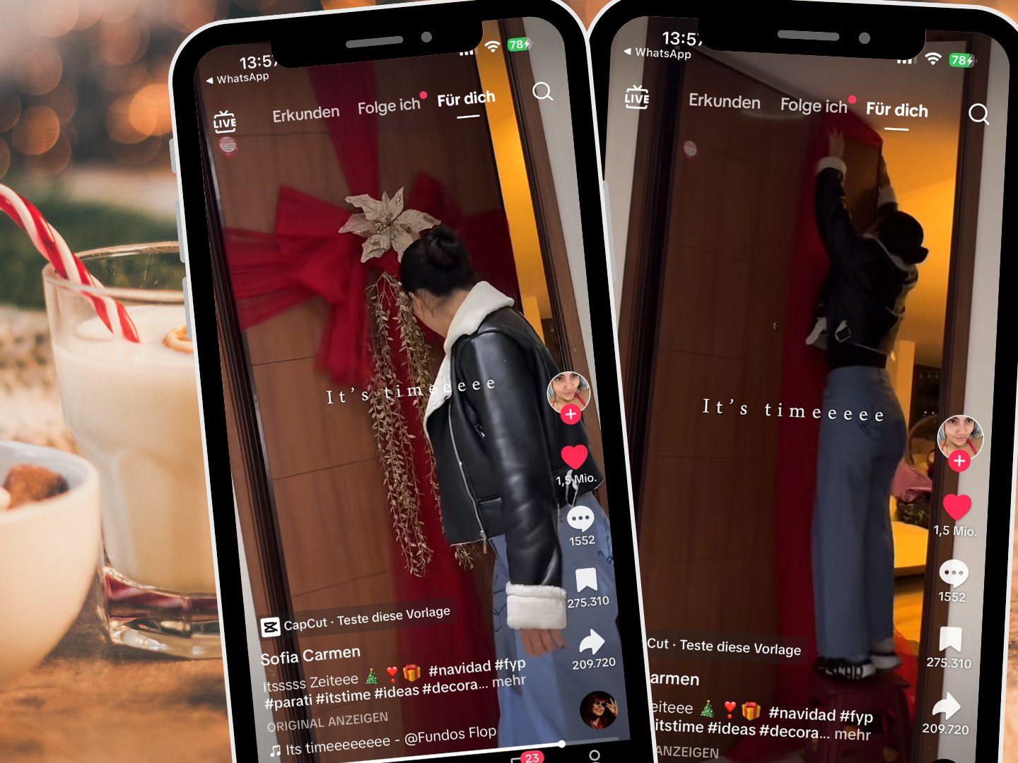 Ein TikTok-Video zeigt, wie eine Frau und ihr Freund ihre Eingangstür mit rotem Stoff, Schleifen und goldenen Details in ein übergroßes Weihnachtsgeschenk verwandeln. Ein TikTok-Video zeigt, wie eine Frau und ihr Freund ihre Eingangstür mit rotem Stoff, Schleifen und goldenen Details in ein übergroßes Weihnachtsgeschenk verwandeln.