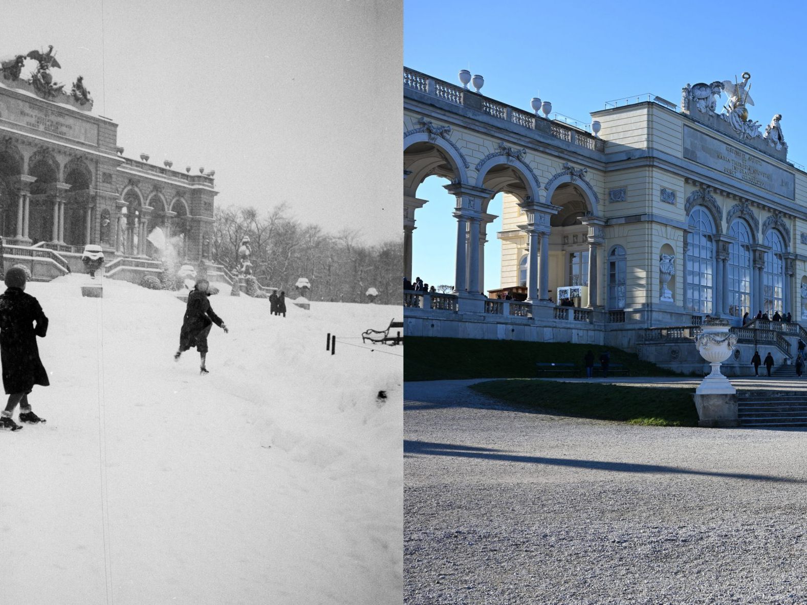 Links: Schneeballschlacht von Kindern vor der Gloriette in Wien 1935. Rechts: Die Gloriette 2024.