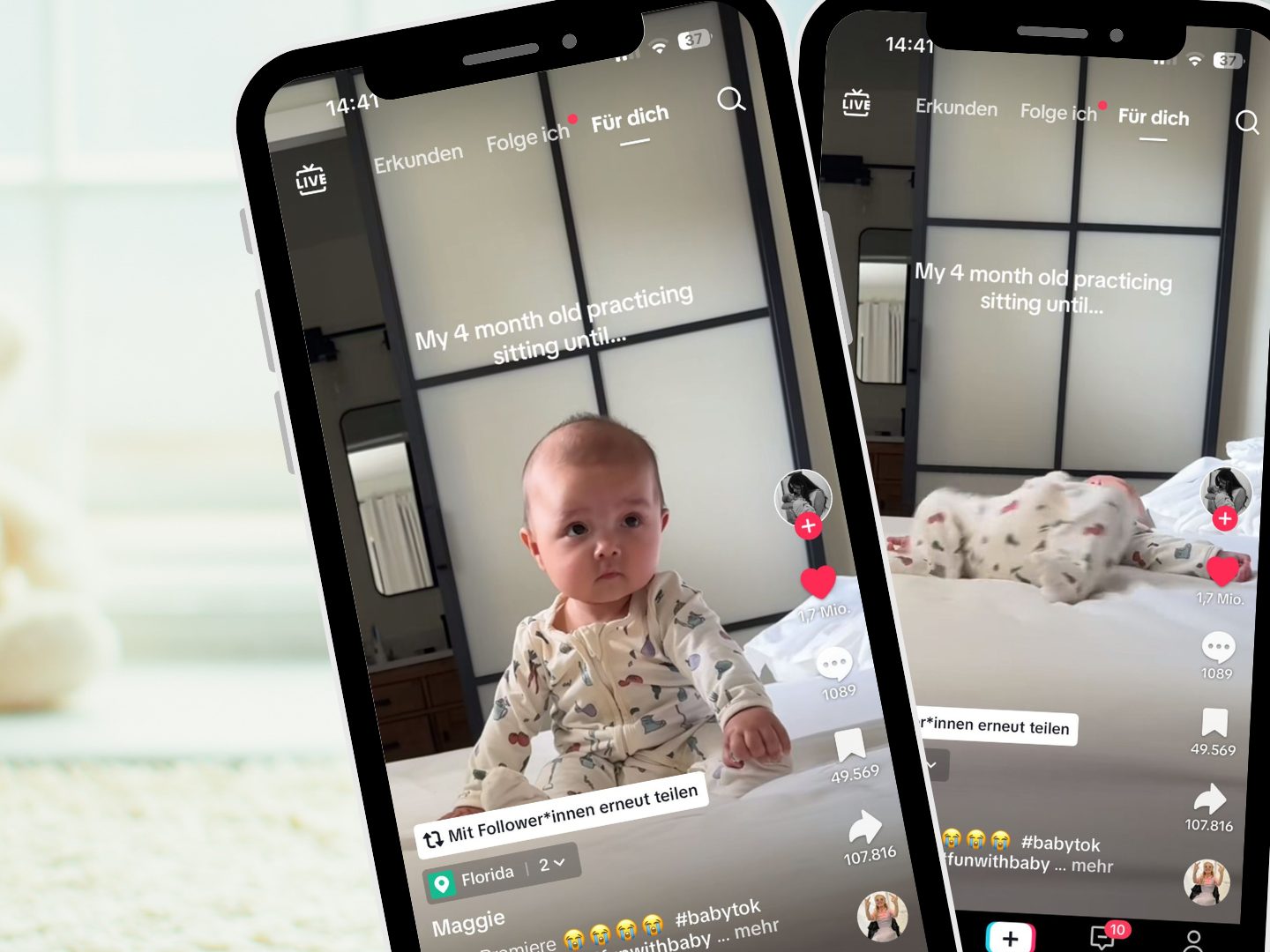 Ein TikTok-Video zeigt die humorvollen und stolzen Momente eines Babys, das beim Sitzenlernen zunächst kippt, aber schließlich stabil bleibt und lächelt.