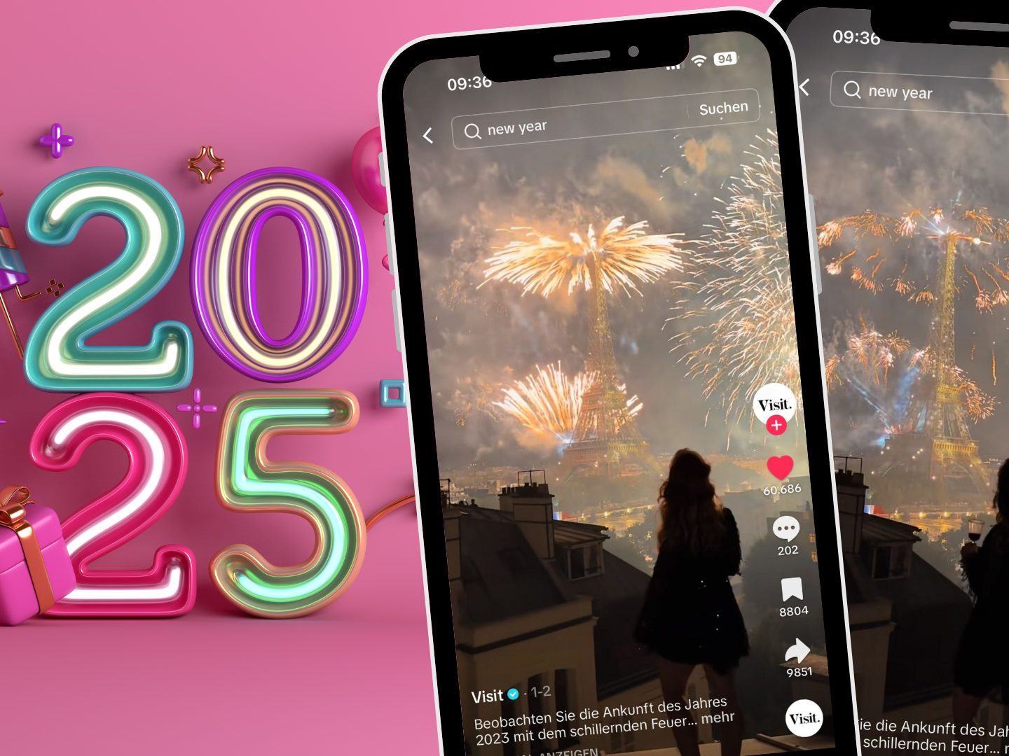 Ein TikTok-Video zeigt eine Frau mit beeindruckendem Ausblick auf den Eiffelturm zum Jahreswechsel – das Team von VOL.AT wünscht ein frohes neues Jahr!