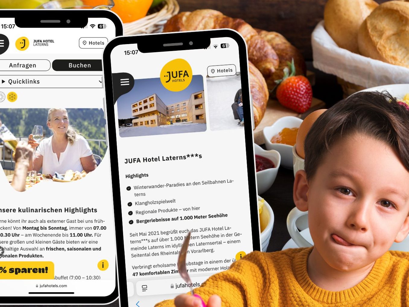 Seit Mai 2021 begrüßt euch das JUFA Hotel Laterns***s auf über 1.000 Metern Seehöhe in der Gemeinde Laterns.
