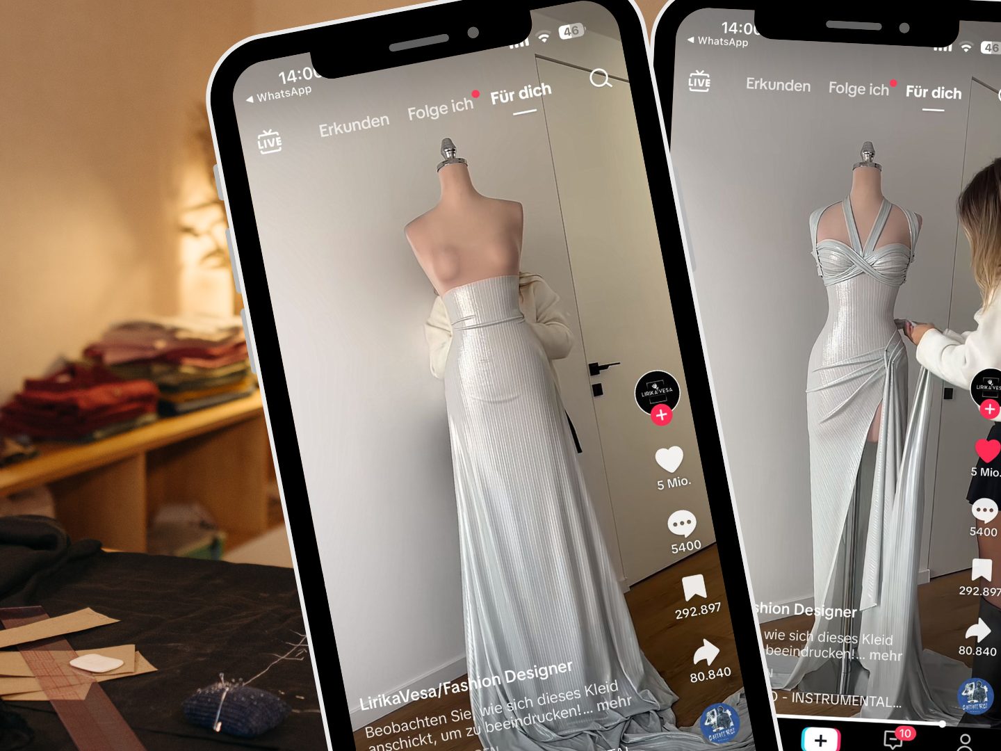 Ein TikTok-Video mit 70,1 Millionen Aufrufen zeigt, wie eine Designerin ein silbernes Kleid anfertigt und es auf einer Schaufensterpuppe drapiert.