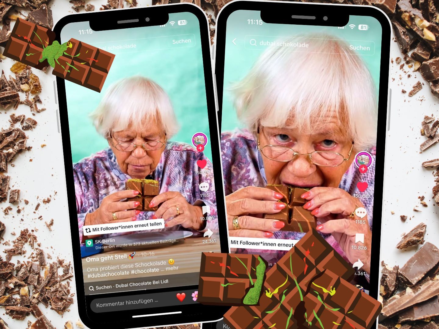 Ein TikTok-Video von omagehtsteil.official zeigt eine Oma, die Dubai-Schokolade probiert und mit ihrer humorvollen Reaktion die Zuschauer begeistert.