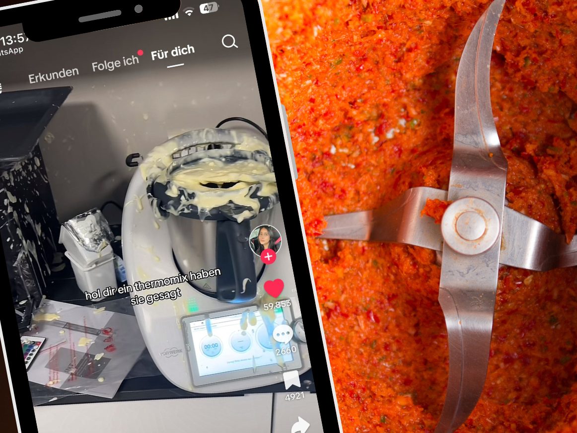 Ein TikTok-Video zeigt das Küchenchaos einer Frau, nachdem sie den Thermomix ohne den originalen Spatel benutzt hat und der Inhalt sich über die gesamte Küche verteilt hat. Ein TikTok-Video zeigt das Küchenchaos einer Frau, nachdem sie den Thermomix ohne den originalen Spatel benutzt hat und der Inhalt sich über die gesamte Küche verteilt hat.