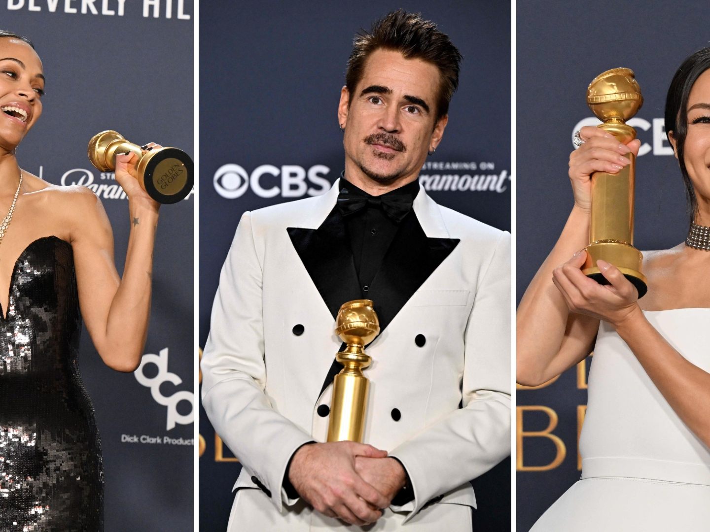 Golden-Globe-Gewinner Zoe Saldana (l.) Colin Farrell (m.) und Anna Sawai (r.).