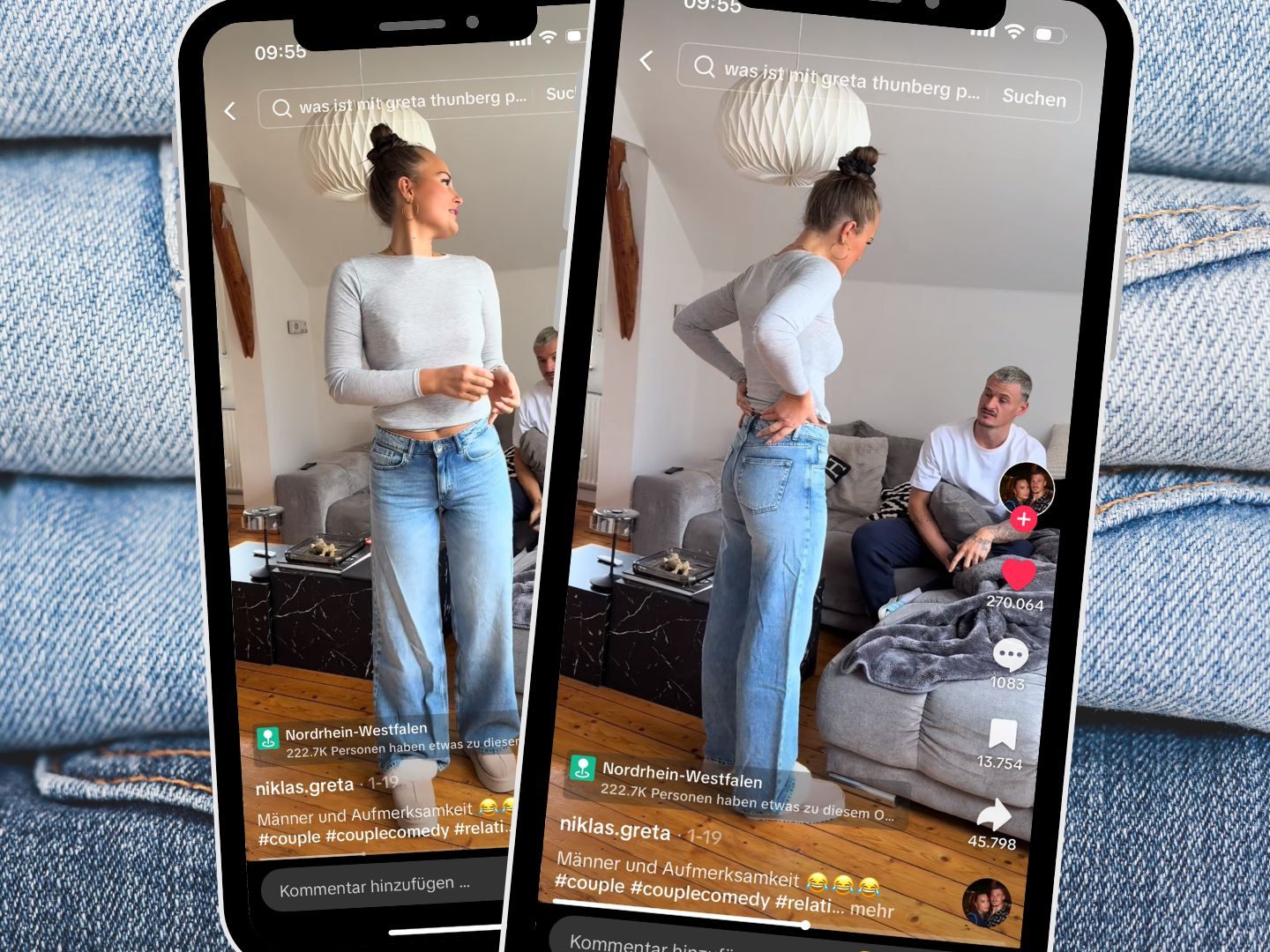 Frau zeigt ihrem Partner dreimal dieselbe Hose. Frau zeigt ihrem Partner dreimal dieselbe Hose.