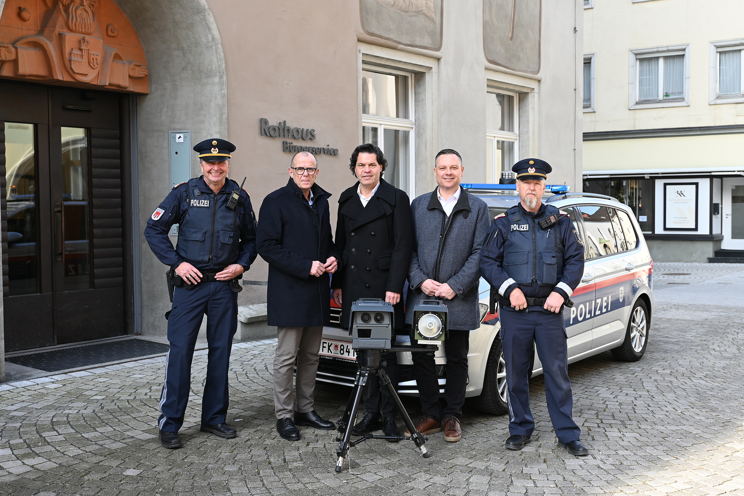 Herbert Lins (Kommandant Stadtpolizei Feldkirch), Walter Gohm (Bürgermeister Frastanz), Manfred Rädle (Bürgermeister Feldkirch), Jürgen Blacha (Gemeinderat Frastanz und Parzellenvertreter Fellengatter), Jörg Statthaler (Stv. Kommandant Stadtpolizei Feldkirch)