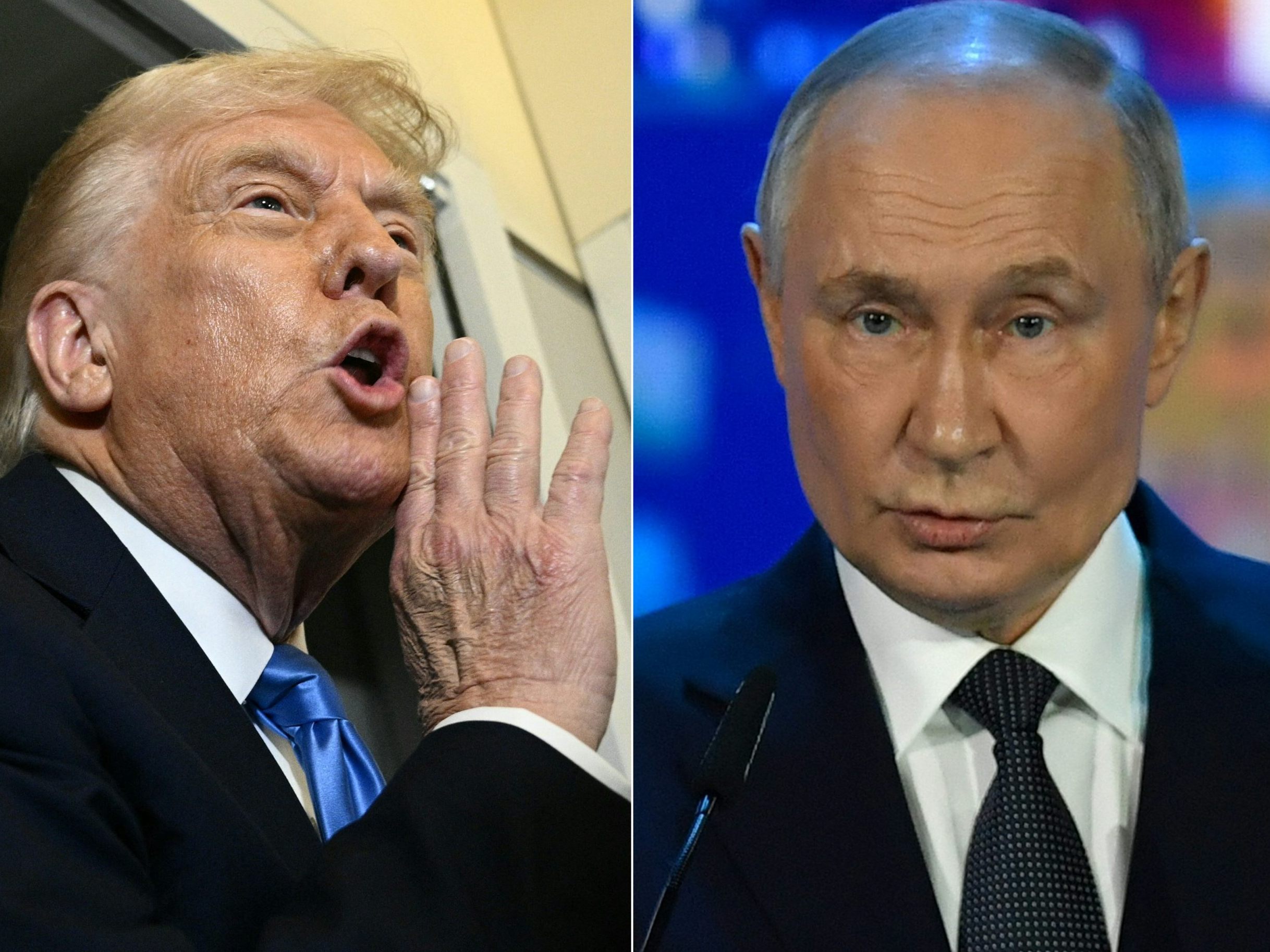 US-Präsident Trump (l.) droht mit Strafzöllen und kündigt weitere Gespräche mit seinem Amtskollegen Putin (r.) an.