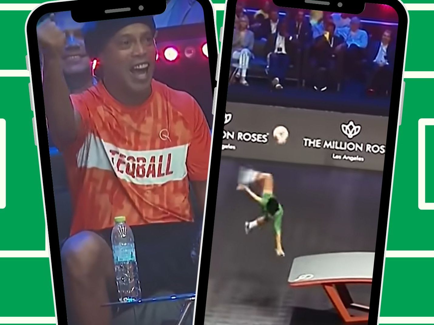 Beeindruckender Ballwechsel beim Teqball mit Ronaldinho im Publikum. Beeindruckender Ballwechsel beim Teqball mit Ronaldinho im Publikum.