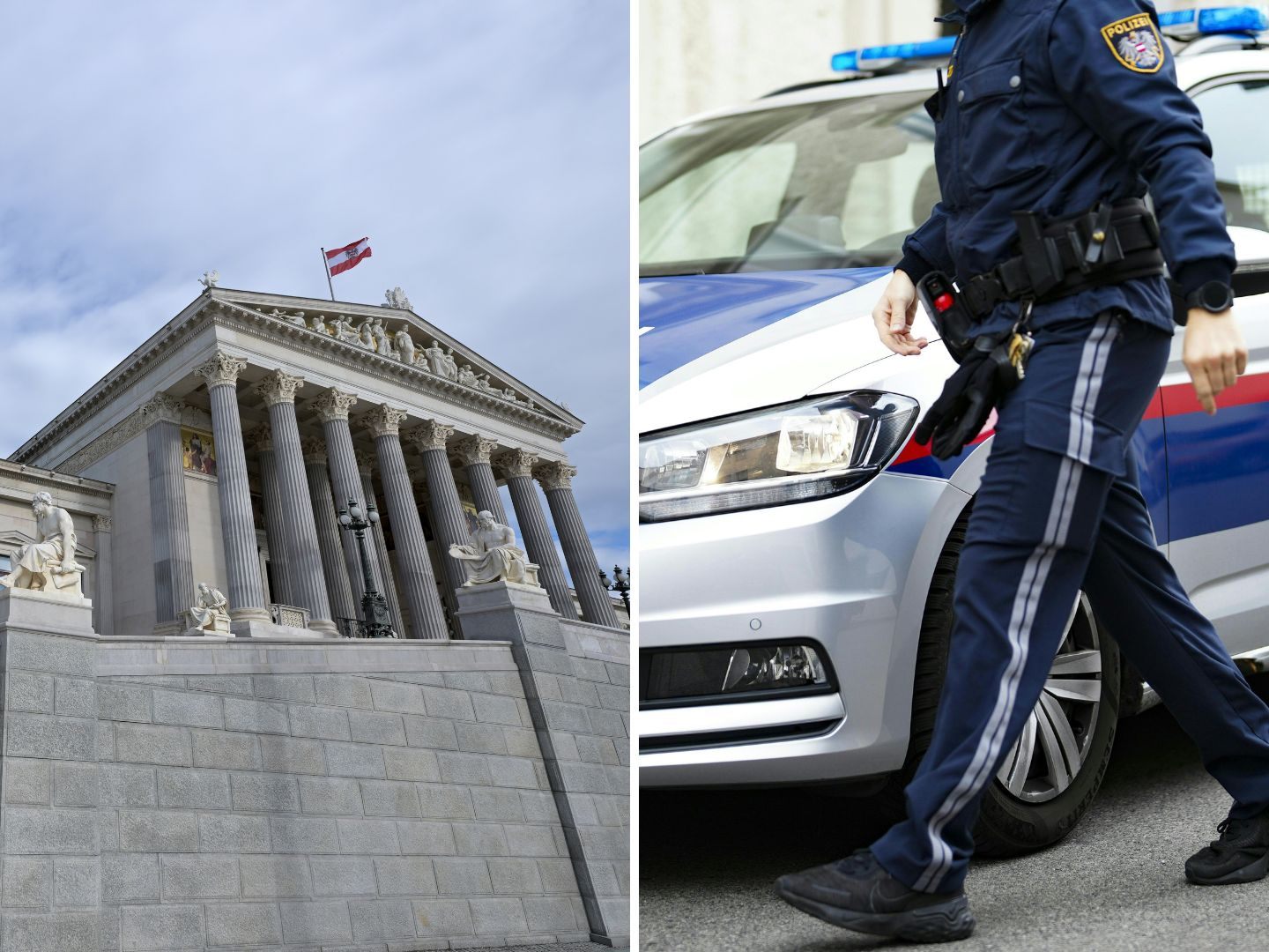 Festnahme von Verdächtigem wegen gefährlicher Drohung. Im Bild: Das Parlament in Wien und ein Polizist. Festnahme von Verdächtigem wegen gefährlicher Drohung. Im Bild: Das Parlament in Wien und ein Polizist.