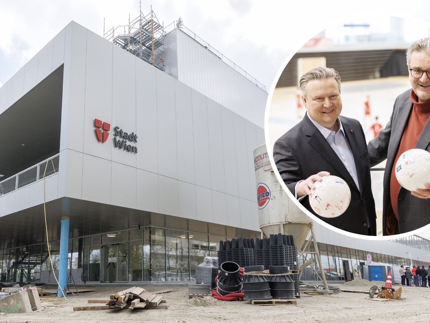 Ludwig und Hacker bei der Vorbesichtigung der neuen Sporthalle. Ludwig und Hacker bei der Vorbesichtigung der neuen Sporthalle.