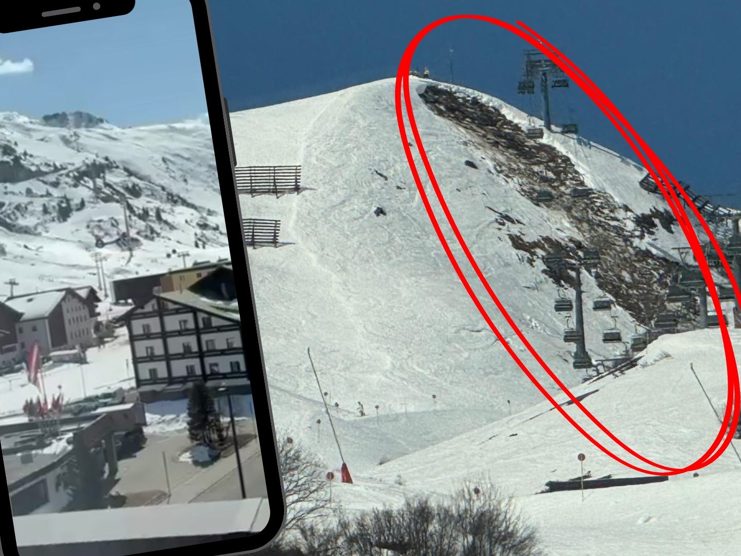 Der Hang unterhalb der Bergstation des Zürsersee-Lifts - Bei dem deutlich erkennbaren braunen Streifen unterhalb der Lifttrasse könnte es sich um den fraglichen Lawinenabgang handeln.