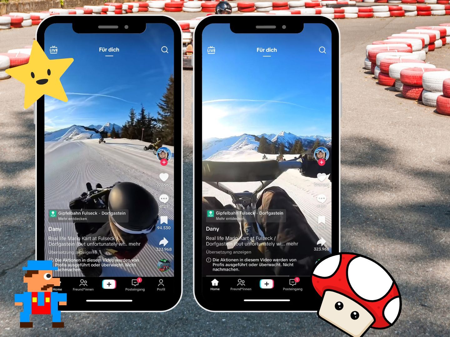 Ein TikTok Video zeigt eine rasante Mountaincart-Fahrt in Dorfgastein und wird mit einem echten Mario-Kart-Erlebnis verglichen. Ein TikTok Video zeigt eine rasante Mountaincart-Fahrt in Dorfgastein und wird mit einem echten Mario-Kart-Erlebnis verglichen.