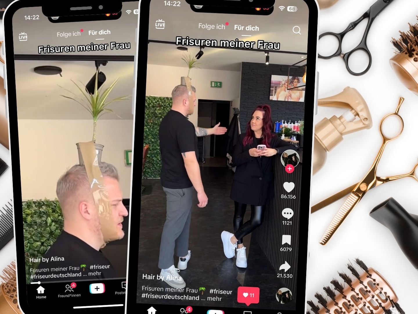 Ein Mann imitiert auf kreative Weise die unterschiedlichen Frisuren einer Frau – von klassischen Stylings bis hin zu einem Vogelnest auf dem Kopf. Ein Mann imitiert auf kreative Weise die unterschiedlichen Frisuren einer Frau – von klassischen Stylings bis hin zu einem Vogelnest auf dem Kopf.