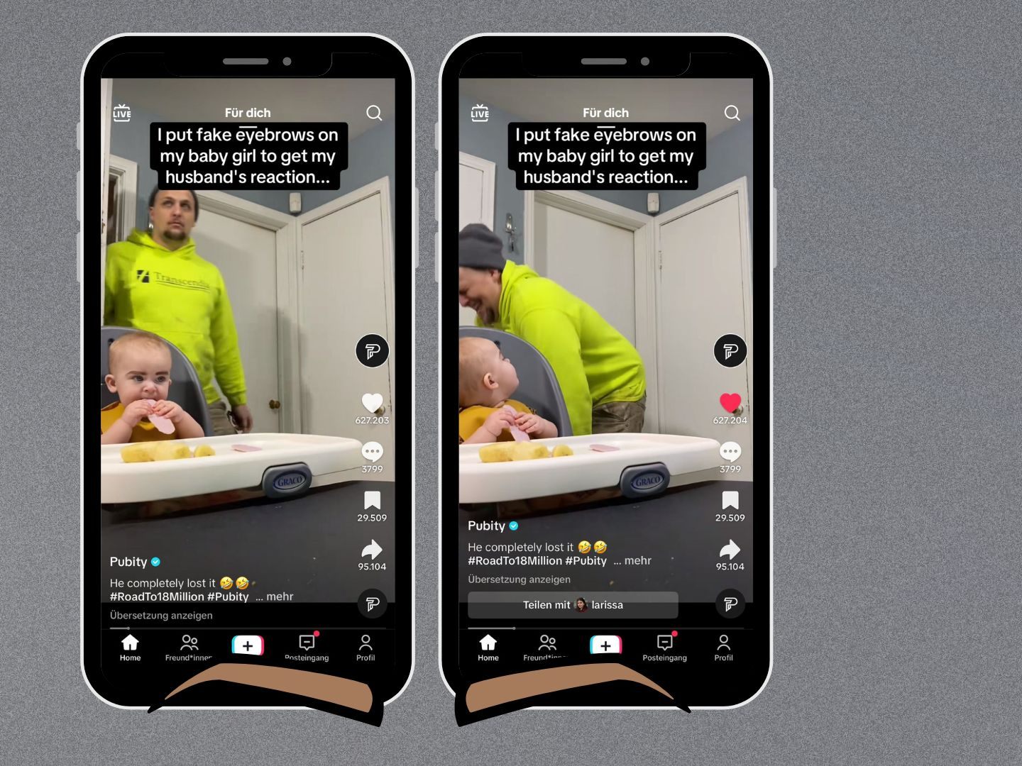 Ein TikTok-Video zeigt die amüsierte Reaktion eines Vaters, als er sein Baby mit künstlichen Augenbrauen sieht, und begeistert damit die Zuschauer. Ein TikTok-Video zeigt die amüsierte Reaktion eines Vaters, als er sein Baby mit künstlichen Augenbrauen sieht, und begeistert damit die Zuschauer.