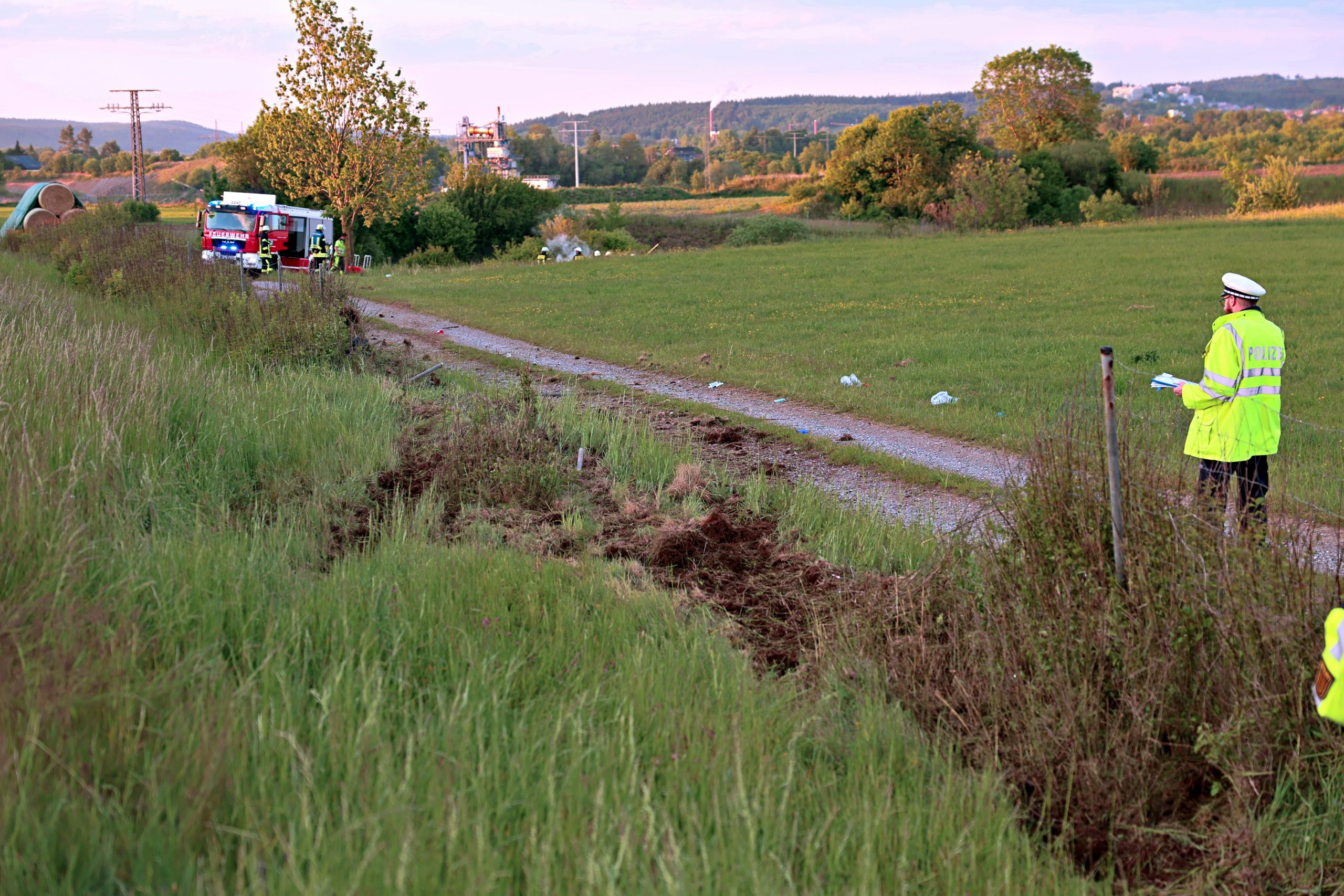 Der Ferrari kam in einer angrenzenden Wiese zum Stillstand. Der Ferrari kam in einer angrenzenden Wiese zum Stillstand.