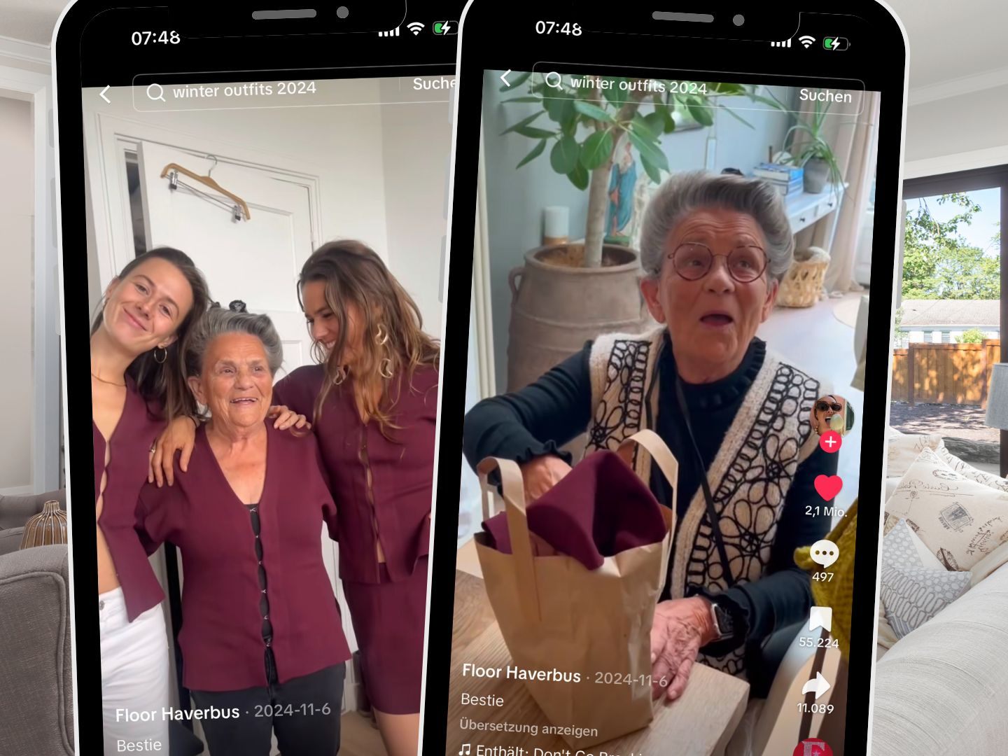 Die Enkel und ihre Großmutter im selben Outfit.