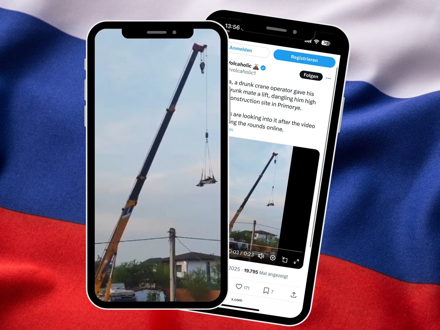 In Russland hat ein betrunkener Kranführer seinem ebenso betrunkenen Kumpel eine Mitfahrgelegenheit der besonderen Art geboten. In Russland hat ein betrunkener Kranführer seinem ebenso betrunkenen Kumpel eine Mitfahrgelegenheit der besonderen Art geboten.