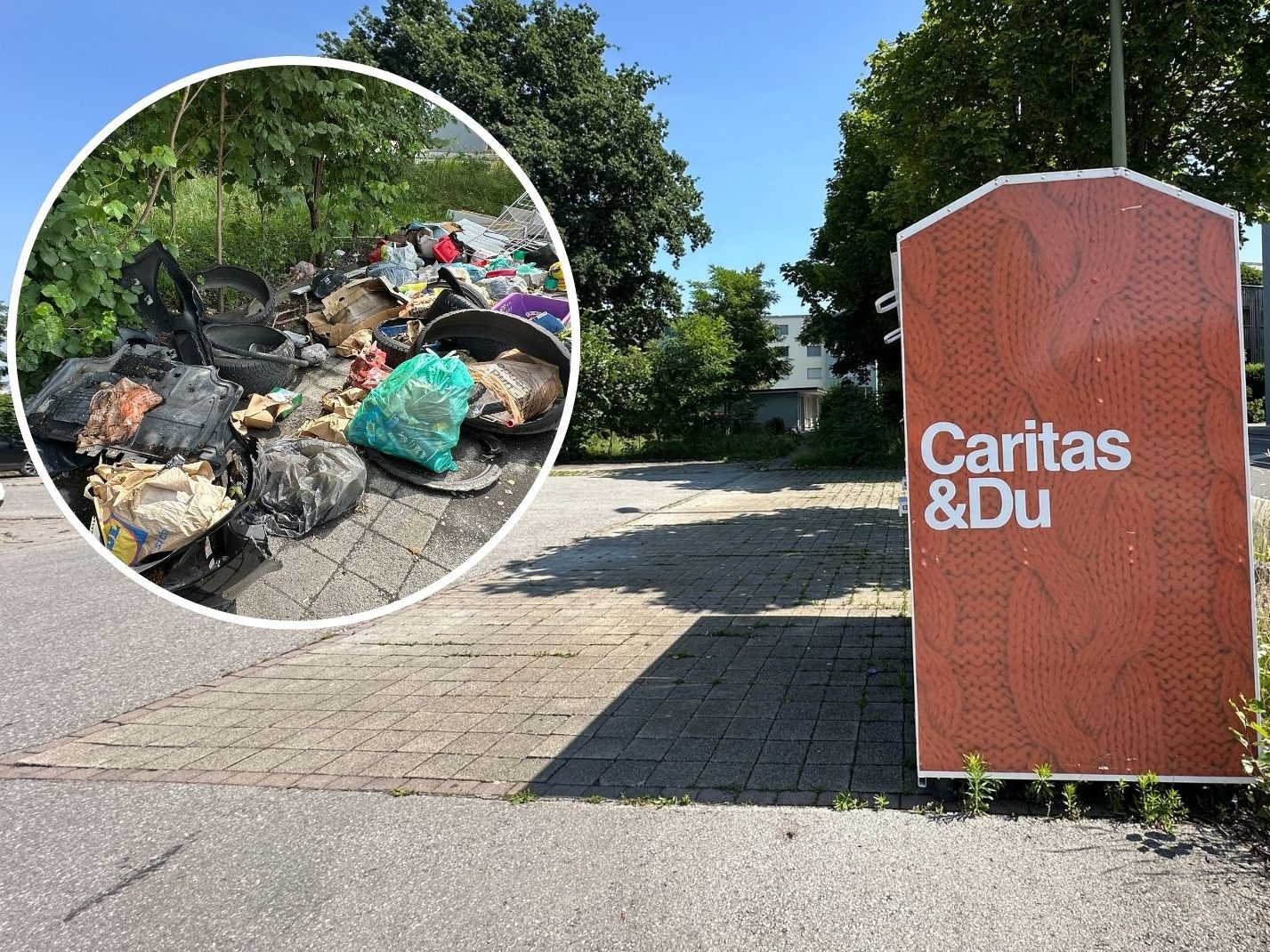 Müll neben Containern am Montag. Wie es jetzt beim Parkplatz aussieht. Müll neben Containern am Montag. Wie es jetzt beim Parkplatz aussieht.