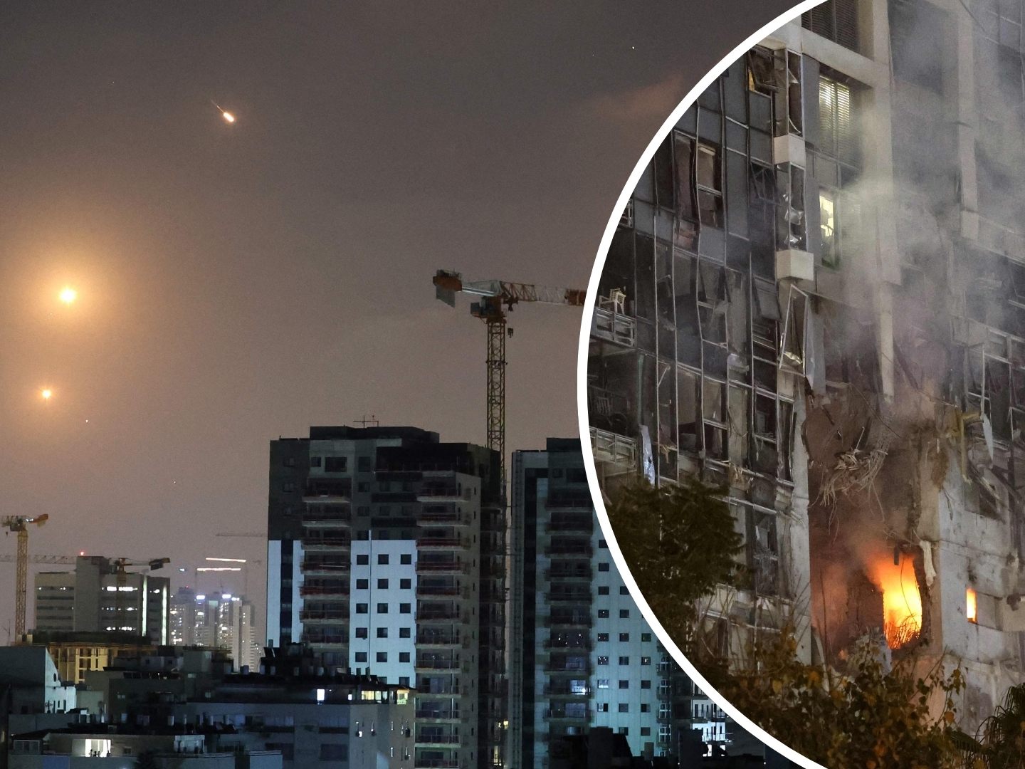 Raketen über der israelischen Stadt Netanya (l.) und ein mutmaßlicher Raketentreffer in Tel Aviv (r.) am Abend des 13. Juni. Raketen über der israelischen Stadt Netanya (l.) und ein mutmaßlicher Raketentreffer in Tel Aviv (r.) am Abend des 13. Juni.