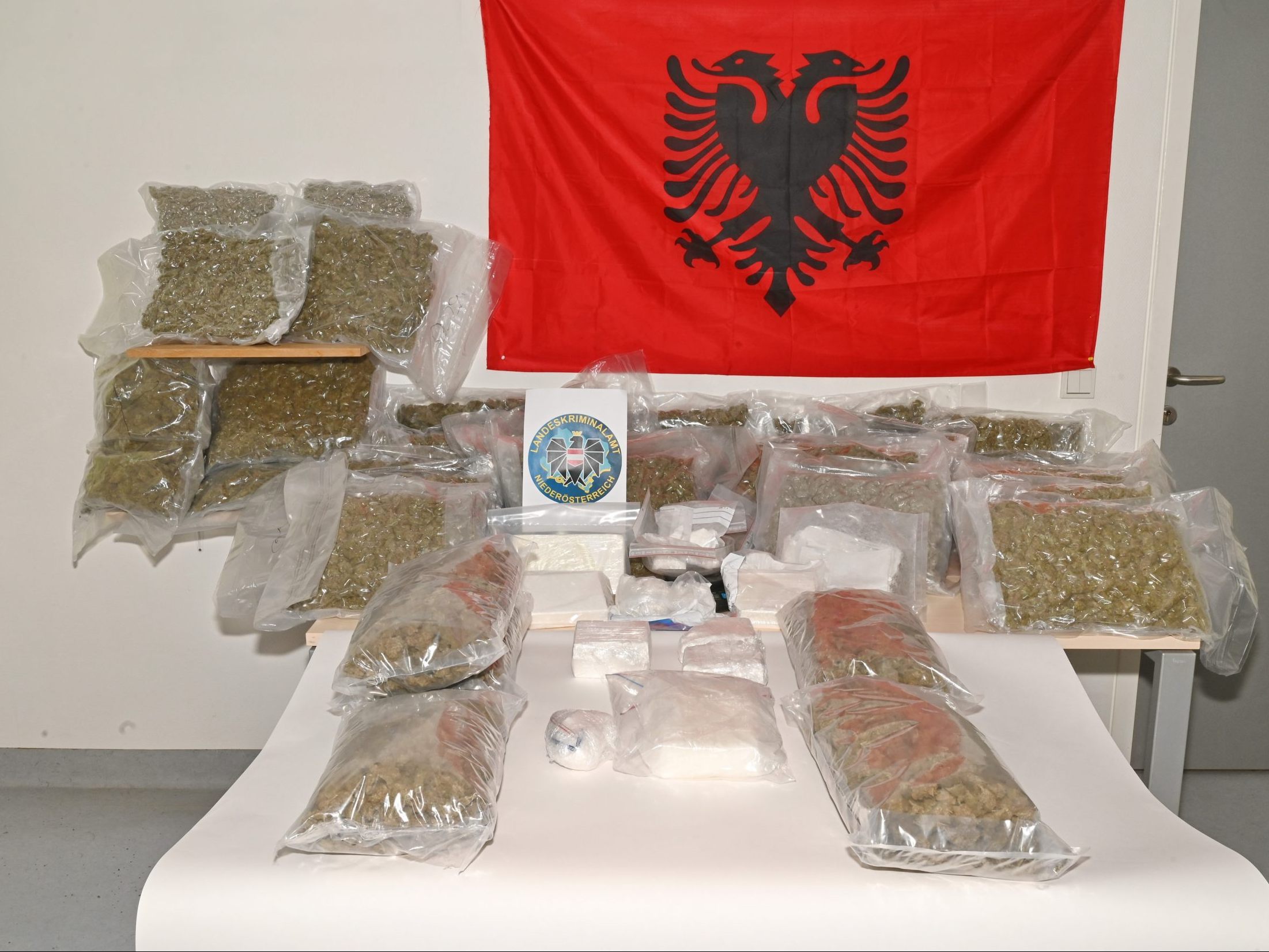 Sichergestellt wurden neun Kilo Kokain, 64 Kilo Cannabiskraut und 44.265 Euro Bargeld. Sichergestellt wurden neun Kilo Kokain, 64 Kilo Cannabiskraut und 44.265 Euro Bargeld.
