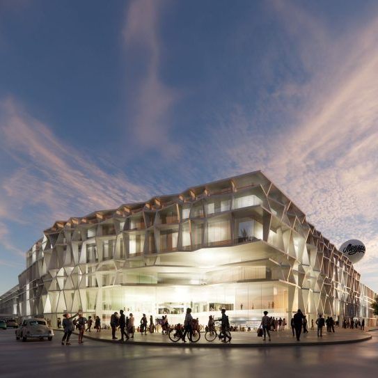 Visualisierung des neuen Messeparks Dornbirn: Die moderne Fassade mit großzügigen Glasflächen und markanter Struktur soll Offenheit, Urbanität und Zukunftsorientierung ausstrahlen.